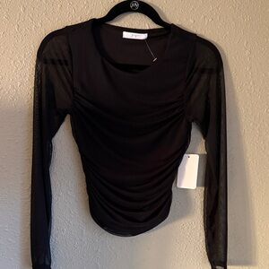 gaze Black Ruched Front Sheer Mesh Sleeve Long Sleeve Top